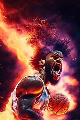 8k, highly realistic and detailed image of a NBA basketball player in action dunking the ball in the net, sweaty hair, screaming look,action and smoke and flames background