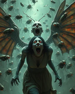 horror, swarming mechanical robotic insects, screaming woman, broken wings
