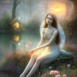 high-quality, fine-detail beautiful, stunning fairy sitting on beside a clear, reflective lake, flowers, butterflies, small globes of iridescent light, clear reflective lake, tranquil, gorgeous, 8k resolution, intricate, digital art, detailed matte, volumetric lighting, George Grie, Anne Dittman, Anne Stokes, Lisa Parker, Selina French,