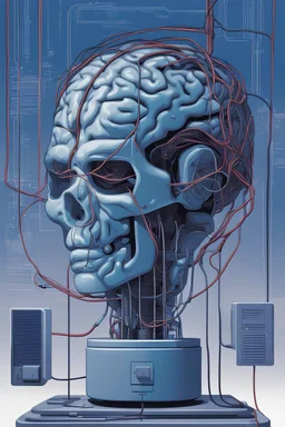 A magazine cover with a brain in a jar, and is connected to lots of wires. The overall color scheme should be cold and in cyberpunk style, mainly composed of blue-ish colors. The tone of the cover should be serious and venerating. A huge computer should be included in the background, with the wires also connected to it. The brain should be presented as a combination of both a physical brain and an electronic brain.