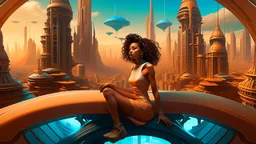 Middle-aged woman with curly tan skin sitting in a futuristic floating vehicle in front of a fantastical sci-fi city skyline with towering spires and structures