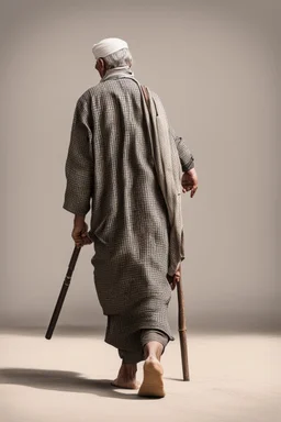 An old man wearing an Arabic keffiyeh, his back bent, walking barefoot, holding his cane upside down, looking back and holding his shoe in his hand.