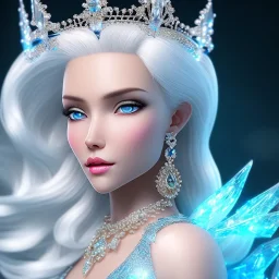 Ice Princess with white hair, a crown with precious stones, bright background