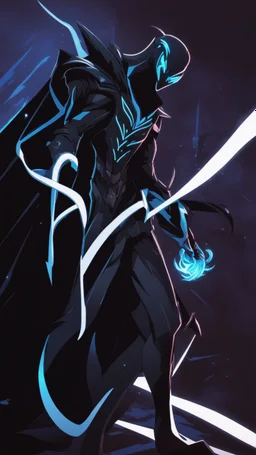 Mix between venom symbiote and Reaper in solo leveling shadow style with neon glowing blue