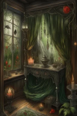 english watercolor, witch's boudoir, mirror, curtains, cobweb, filigree, dried flowers, textiles, candle, magical lighting effect, fairy tale illustration, fine drawing of details with colored pencils, grunge, high resolution, high detail, dark fantasy, dark botanical, beautiful, ISO 100, pixel graphics, hdr, emerald colors, beige, red, deep blue, umbra, grey, dusty rose, gold