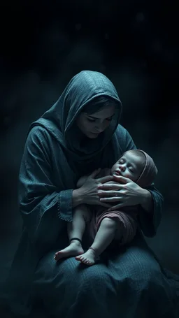 ,surrealism of the dark of a nightmare , hyper photorealistic, hyper detailed bright art color, high resolution, fog, octane render, tilt shift, HDRI Environment, all pictures dark gray, sad mother holding her sick child in her lap