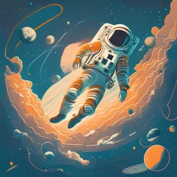 An illustration of an astronaut floating in space with Earth and distant stars in the background in the style of retro-futurism