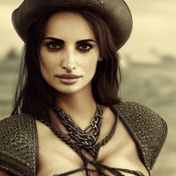 best quality, realistic lighting, masterpiece portrait of Penelope Cruz, details, light dusting of freckles, cowboy shot from above, simple chain hauberk, warhammerVector art matte painting digital illustration 3D shading CryEngine Behance HD 3Delight