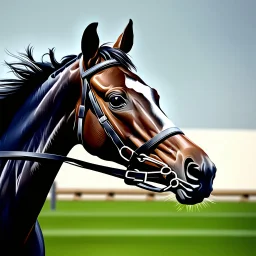 A hyper-realistic image of a racehorse in a race, with close-up photo-realistic hyper details, unique textures, and dynamic movement --ar 4:3 --v 7