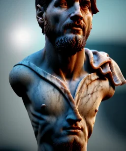 Realistic image, roman sculpture, marble material, Lionel Messi model, miguel angel style, God light, god rays, 4k resolution, intricate details, ornate details, soft lighting, unreal engine 5, Celest color background.