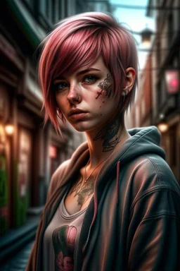 1girl, hoodie, arm tattoo, portrait, asymmetrical bangs, bandaid, short hair, bangs, breasts, freckles, grey eyes, large breasts, looking at viewer, neck tattoo, nose piercing, pink hair, scar, scar on face, solo, tattoo on face, upper body, detailed background, town, alley, dark alley, portrait, hood on head, night, angry, close up, closed mouth, , ((masterpiece)), absurdres <lora:arcane_offset:1>