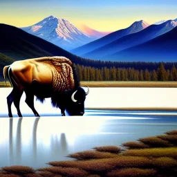 Drawing of 'American Bison',River,snow,Meadow,mountains,painting by Earl Norem, simon Bisley,frazetta,西嘛哒, evan lee, Vallejo,kelly oil on canvas, cinematic composition, extreme detail,fit full head inside picture,8k