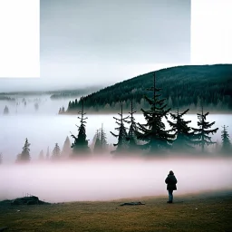 A polaroid photo of a group of fir trees in the background and a high hill in the distance. A person. A lake. The surface below is in a pastel color. Fog is present.
