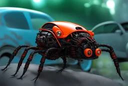 arachnid jet vw-beetle genetically spliced hybrid, black red and orange, biopunk, organic surrealism