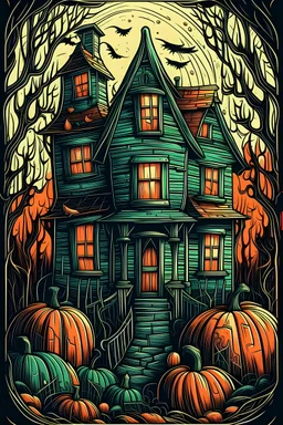 /imagine/hallowin creepy house with pumpkins and bats in the scene, thick lines, low detail, vivid colour