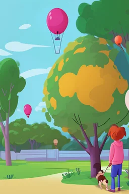 A colorful dream home, trees, balloons, a little boy, a little dog , cartoon style