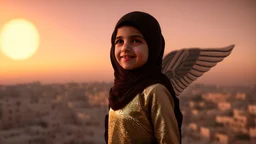 A Palestinian girls have wings wearing an palestinian dress in gaza during sunset in winter.