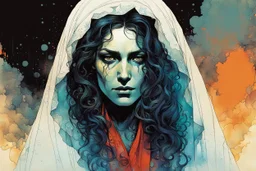 create an imaginative drawing of the pale translucent ghost of an ancient Romanian female gypsy fortuneteller, clothed in tattered and ragged traditional dress, with finely detailed hair and feminine facial features, in the comic book art style of Bill Sienkiewicz, Mike Mignola, and Jean Giraud Moebius, finely textured, drawn, colored, and inked, suffused with seething ethereal shadows in a darkened parlor