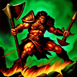 90's TCG art retro fantasy art of a male warrior charging with axe