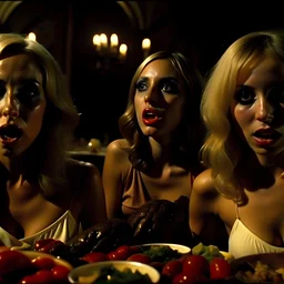 Horror movie shot, spooky, hot, ultra realistic, dine, horns, ultra realistic hot blonde women, party, pieces of meat, organs, ail, dynamic, very excited people, hypermaximalist figures, light, 1970's Italian horror movie, sinister,, Dario Argento, Stanley Kubrik, ornate, 4k, photorealism