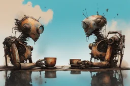 two crazy rusty scrappy robots drinking coffee in urban decay, negative space, wet print, ink leak, overheat, dramatic, cinematic, sudden jolt dynamics, amazing reflections and parallels and verticals, Afro-futurism, surreal futurist architecture art, surreal liminal space, tribal vibe and patterns, colors of light sky blue and beige and black