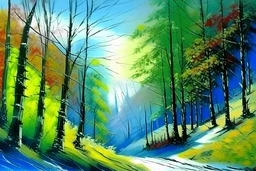 deseneaza un o imagine in tempera ,cu lumini si umbre, cu linii oblice , cu outlinii de contrast la culori ,cu mare acuratete si contrast ,reprezentand o padure brad din Carpati , iarna cu ninsoare si ceata , stil pictura pe sticla