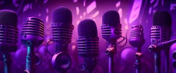 an array of a huge old school microphones, purple tones, dreamy, psychedelic, 4k, sharp focus