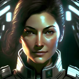 beautiful female captain, high tech, sci fi, brown eyes