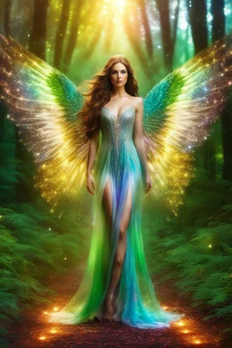 Gorgeous Photography Realistic Natural Beautiful Angel woman straddle wings with gown shiny brown flowing hair, glitter colorful Angel wings, lovely glowing green eyes, surrounded by magical colorful forest and flickering lights, digital photography, kaleidoscope, vibrant colors, vivid colors, colorful,she wak in magic forest full sparkling light