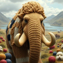 An ultra-detailed, ultra-intricate image of a wooly mammoth, almost entirely composed of yarn instead of fur. The Flo 'n Images shows a patchwork of yarn in tans, whites, & black in place of the hair. His face has tightly knitted cashmere yarn with expressive eyes. Other than his yarn coat the wooly mammoth is realistic looking and is in a beautiful hendry fantasy landscape of lakes and unusual plants, his fur is made of yarn with several skeins of yarn balls. The fantasy landscapte merges with