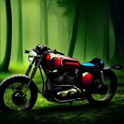 Beautiful, retro motorcycle in the magical forest, dark atmosphere, exquisite details, cinematic rendering, high definition, 4K.