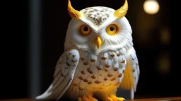 White owl with amber eyes and golden plumage