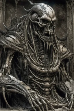 sculpture of a king , decayed and rotting with grotesque proportions and imagery. abstract grotesqueries, detailed texture, surreal horror, biomechanical design, by hr giger and beksinski