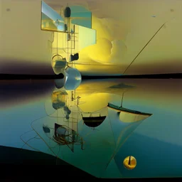 dusk landscape with lake,boat and human body, universe-like Soap Bubble,complex surgical instruments mixed with human body-like musical instruments,minimalism,Painting By Adrian Ghenie, Rene Magritte, Salvador Dali, Lucian Freud