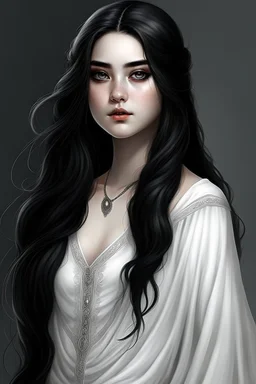 a 16 year old woman, white skin, long wawy black hair, beautiful face, black eyes, round body, in a white dress, realistic epic fantasy style