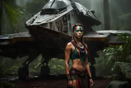 Beautiful girl with rainbow facepaint on left forehead, tribal warrior, strong, sad, resilient, defiant, full body, rain forest, with family of 5 beside her, defending, Masterpiece, best quality, cinematic lighting, futuristic, standing in front of crashed spaceship, tough stance.