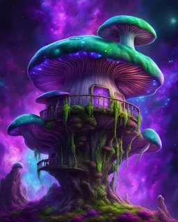 A floating island mushroom house in space. green blue purple cosmic, deep space nebulas. Detailed gloss Painting, bright color, fantastical, intricate detail, splash screen, hyperdetailed, insane depth, concept art, 8k resolution, trending on Artstation, Unreal Engine 5, color depth, backlit, splash art, dramatic, High Quality Whimsical Fun Imaginative, good composition