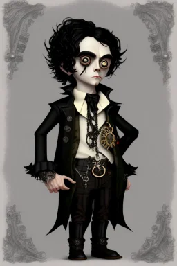 black haired black eyed young man necromancer steampunk Gnome that looks like a young Edgar Allan Poe with gothic jewelry in the style of Charles Addams