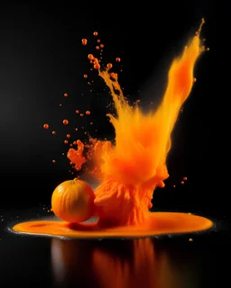 captivating studio photo, orange powder explodes on contact with a delicious orange, on a reflective surface,