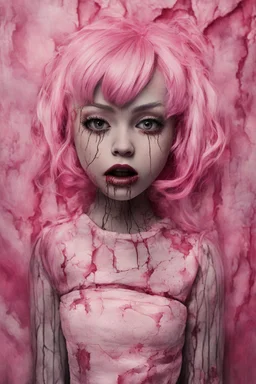 full color, illustration of a darkred and pink tones, menacing, Singer Melanie Martinez face, as a decayed, broken, skin turned translucent, black veins that extended like roots beneath her skin, latex suit, crude homemade cloth doll toy, with a narrow cracked porcelain face, thick dark eyebrows, hair in two gradually, made from ragged strips of cloth, in the style of Alex Pardee, Tim Burton, and Nadya Sheremet