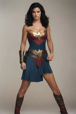 full body image, 1980's yearbook photo, teenage girl, Gina Carano as Wonder Woman, 18 years old, black hair, 80's hairstyle, photorealistic, --ar 9:16 --style raw,