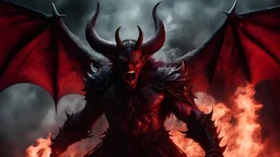 Horror-themed cinematic film still,a horrifying red-skinned male demon king, (full body portrait:1.3), (detailed monstrous evil face:1.4), screaming, wide spread bat like wings, (detailed scaly skin texture:1.2), long curved horns, (in hell, swirling tormented souls, billowing smoke:1.5), black spiky armor,, shallow depth of field, vignette, highly detailed, high budget, bokeh, cinemascope, moody, epic, gorgeous, film grain, grainy . Eerie, unsettling, dark, spooky, suspenseful, grim