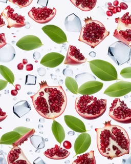 pomegranate seeds under water, prism and refraction, on a white background