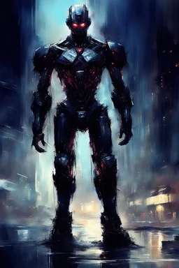 A evil humanoid-robot-warrior move, in the style of a dark fantastic, in the background: barely discernible in the mysterious moonlight, a night future city, wide careless brush strokes, in the style of Mandy Disher., authors: Agnes Cecile, Raymond Swanland, Benedict Bana and Anna Razumovskaya.