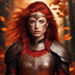 Radiating fierce determination, the red-haired warrior stands as an emblem of fiery passion and indomitable spirit. Her piercing gaze is accentuated by intricate face markings that speak of an ancient lineage. The burnished bronze of her armor blends seamlessly with the rich reds and golds of the leaves swirling around her, as if she commands the very essence of the season. This character evokes the mythic archetype of a warrior queen, an inspiring figure leading her people through a realm of bo