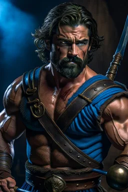 Jack, the daring gladiator with a torch, is a young and muscular man with a well-defined physique. His dark hair is short and neatly groomed, and his piercing blue eyes exude confidence. He sports a close-cropped beard and mustache, giving him a rugged look. Jack's skin is tanned from countless hours of training in the arena., shot on Hasselblad h6d-400c, zeiss prime lens, bokeh like f/0.8, tilt-shift lens 8k, high detail, smooth render, down-light, unreal engine, prize winning