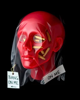 The image shows a surreal representation of a human head made of a translucent, deep red material. The head appears to be wrapped in a vacuum-sealed plastic package, similar to that used to preserve food. Inside, instead of facial features, you can see small bullets from a gun. There is also a label attached to the package, which says "BANG ON ME" which reinforces the idea that the head is treated as a commercial product, ready to be sold. The background is black, which makes the image stand out
