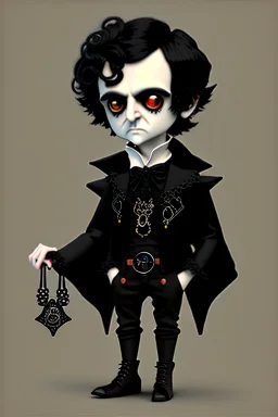 black haired black eyed young man necromancer steampunk goth Gnome that looks like a young Edgar Allan Poe with gothic jewelry in the style of Charles Addams