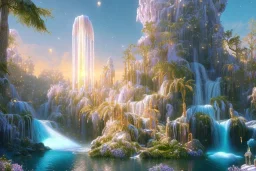  white and gold crystal cosmic ambiance，waterfall, full of details, smooth, bright sunshine，soft light atmosphere, light effect，vaporwave colorful, concept art, smooth, extremely sharp detail, finely tuned detail, ultra high definition, 8 k, unreal engine 5, ultra sharp focus