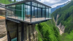 A house built on top of a rock, with panoramic glass walls that offer 360-degree views of a deep gorge and a wooden bridge that connects to the trail